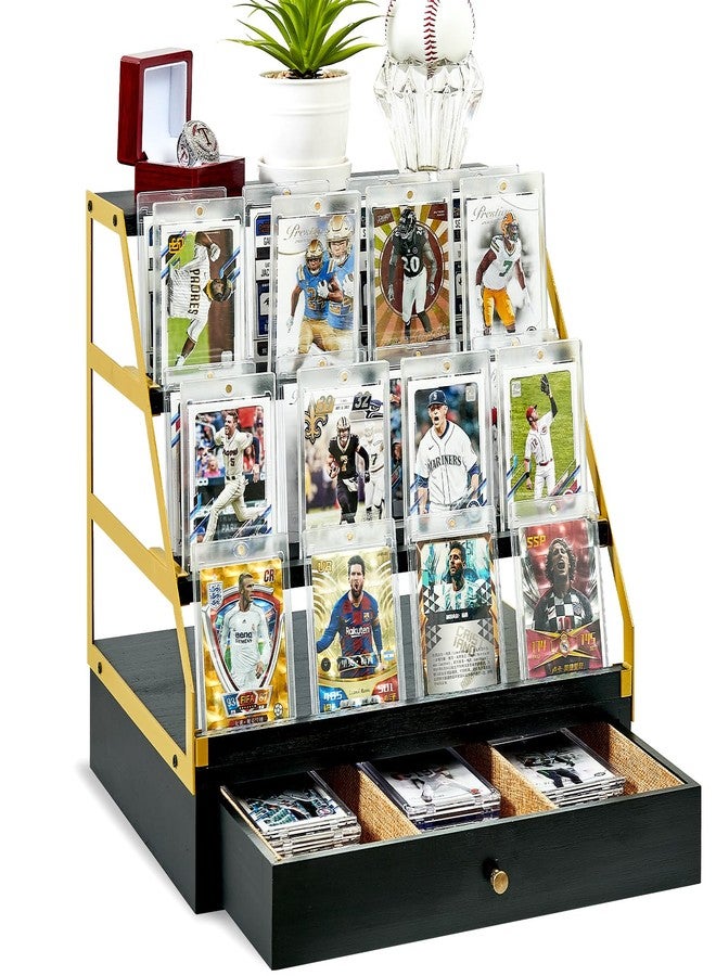 Poyilooo Trading Card Display, 3-Tier Baseball Card Storage with Drawer, Wood Graded Card Display, Sports Card Display Case for Card Game Collection-Trading Card Holder Christmas Gifts (Blackgold) - Image 1